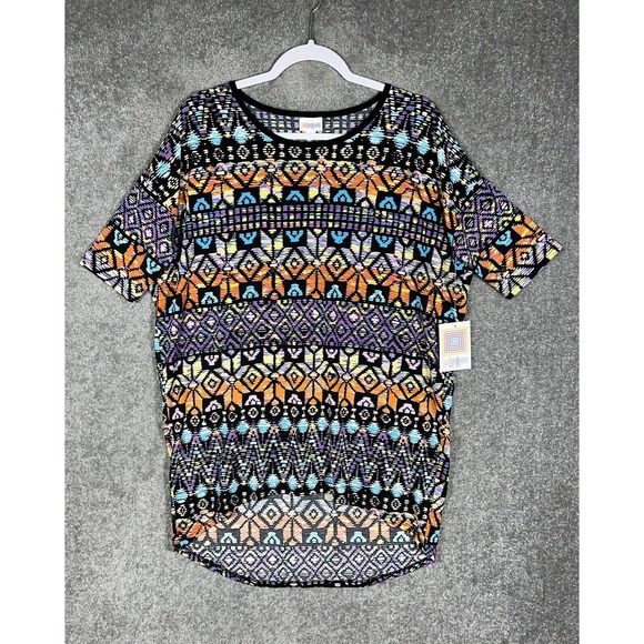 Lularoe Irma Short Sleeve Aztec Geometric Tunic Top Womens Small Stretch Hi Low - Picture 1 of 16